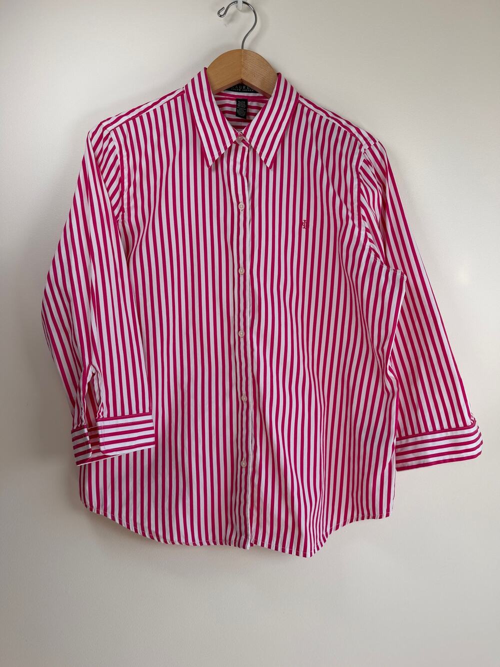 Lauren Ralph Lauren Button Down Shirt Pink White Stripe Cotton XL Preppy Classic